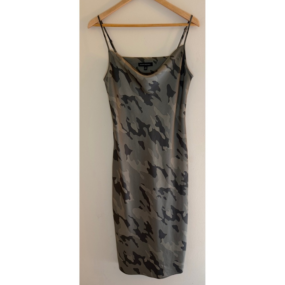Banana Republic Camo Print Cowl Neck Midi Slip Dress Green Gray Small